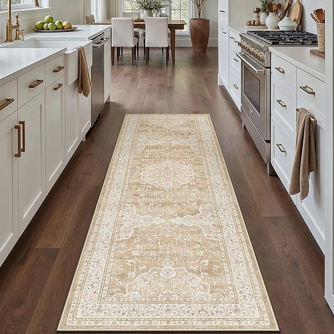 HUGEAR Machine Washable Hallway Runner Rugs 2x6 Vintage Beige Brown Neutral Style Non Slip Stain Resistant Low Pile Throw Carpet for Bedroom Kitchen Retro Aesthetic Modern Decor