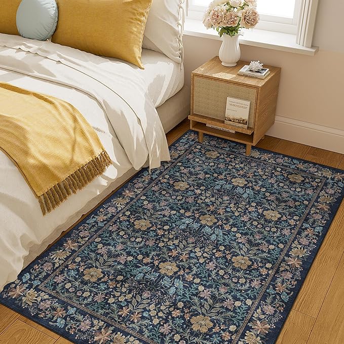 DUKINO 4x6 Rugs for Living Room, Lightweight Non Slip Washable Rug with Low Pile Design, Vintage Floral Non-Shedding Soft Carpet for Living Room, Bedroom, Farmhouse, Office, Bathroom, Dark Blue