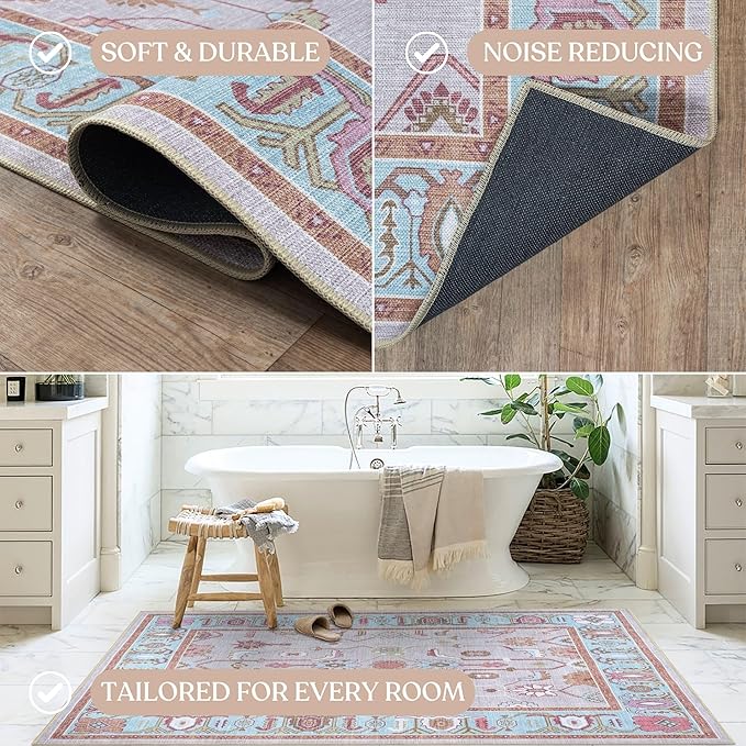 Fame Living Pink Oushak Rug, Modern Small Rugs, Vintage, Turkish, Eclectic, Floral, Pastel, Washable, Door Mat, Doormat for Indoor Entrance, Entryway, Kitchen, Bathroom, Bedroom, Laundry, 2'x3'