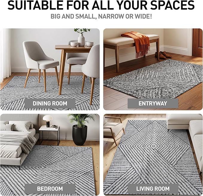 Rugshop Geometric Diamond Stripe Shag Area Rug White 7' 10" x 10' Perfect for Large Living Rooms, Dining Areas, or Master Bedrooms