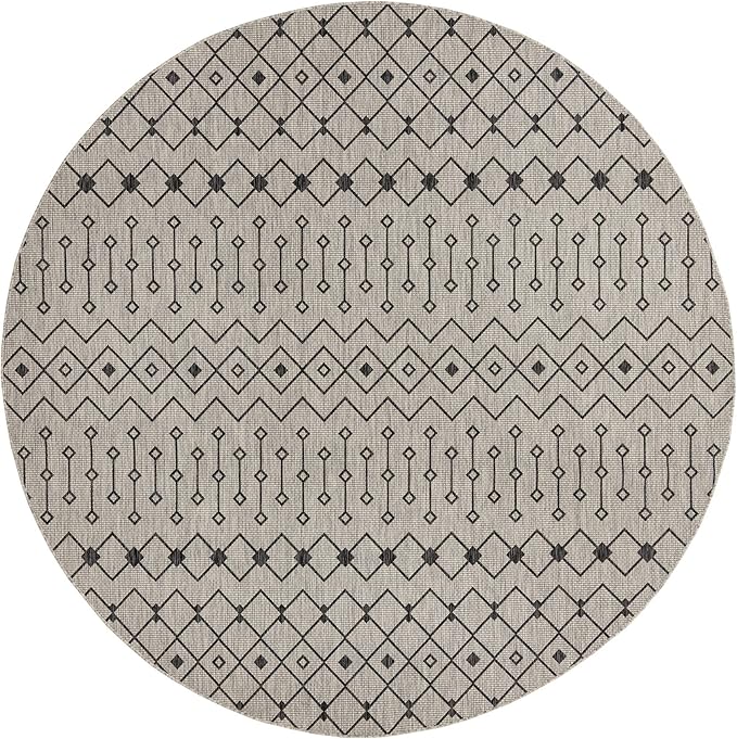 Unique Loom Outdoor Trellis Collection Area Rug - Tribal Trellis (10' 8" Round, Gray/ Black)