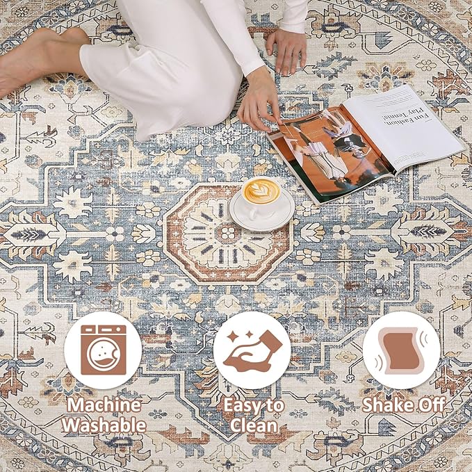 Round Rug Living Room Rugs: 8Ft Washable Boho Neutral Large Circle Soft Indoor Distressed Stain Resistant Floor Farmhouse Carpet for Bedroom Nursery Kids Playroom Office Dining Room Dorm- Beige Blue