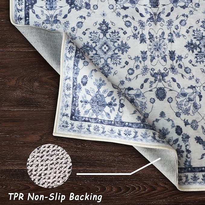 vivorug 6x9 Rug, Stain Resistant Washable Rug for Living Room, Floral Area Rug Vintage Inspired (Ivory/Blue, 6'x9')