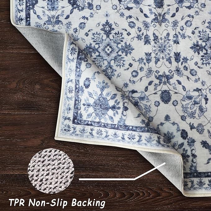 vivorug 4x6 Rug, Stain Resistant Washable Rug for Living Room, Floral Area Rug Vintage Inspired (Ivory/Blue, 4'x6')