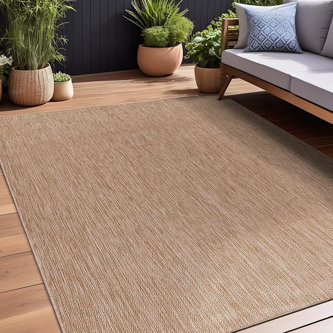 Beverly Rug Indoor Outdoor Rug 5x7, Washable Outside Carpet for Patio, Deck, Porch, Solid Modern Area Rug, Water Resistant, Jute Beige