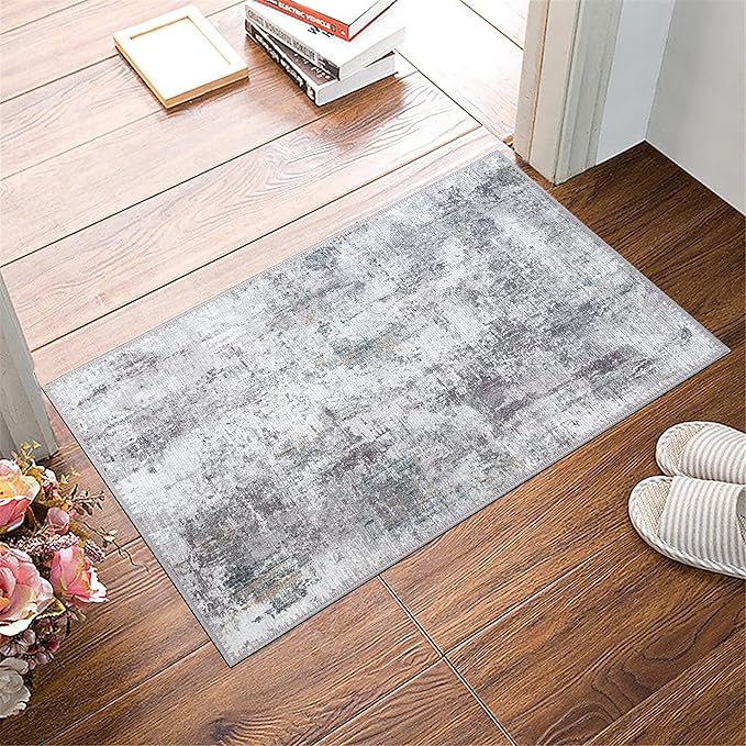 GLN Rugs Contemporary Collection - Machine Washable Area Rug, Contemporary Washable, Non Slip, Low Pile Chenille Rug, Living Room, Bedroom, Kitchen Rug (2' x 3' Grey/Green)