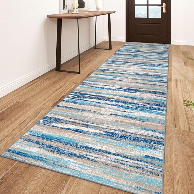 Modern Abstract Runner Rug 3x10, Blue Washable Kitchen Runner Non-Slip Soft Hallway Rug Runner Thin Print Faux Wool Carpet for Entryway Bedroom Laundry Room Indoor Home Office Decor