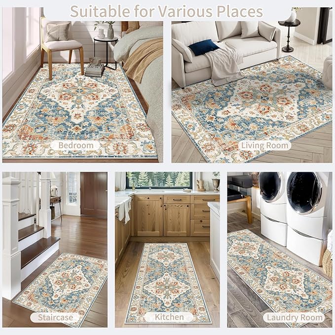 Enkor Area Soft Rugs 5x7 Washable Non Slip Boho Floor Rugs for Living Room Bedroom, Vintage Style Farmhouse Mat for Kitchen Entryway Orange & Blue