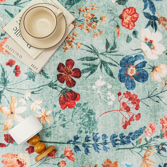 Floral Runner Rug 3x7 Washable Hallway Long Green Bedroom Carpet Non Slip Indoor Boho Kitchen Low Pile Accent Rug Lightweight Soft for Bathroom Dining Laundry Living Room