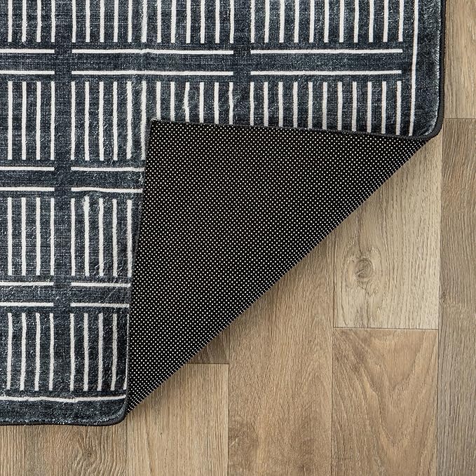 Rugshop Bohemian Stripe Lines Washable Non Slip Area Rug 8' x 10' Black