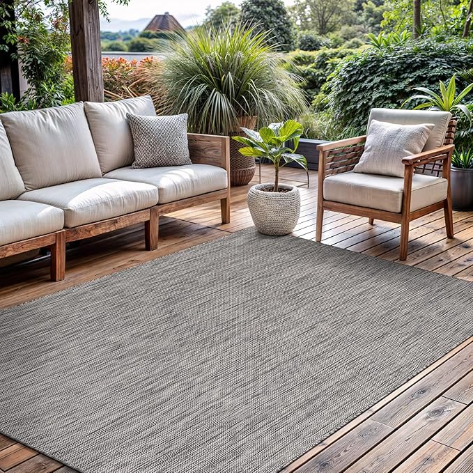 CAMILSON Outdoor Rug 10x14 Modern Area Rugs for Large Indoor and Outdoor Patios and Porches - Waterproof, Washable, Non-Shedding, Easy-to-Clean Outside Carpet (10 x 14, Solid - Silver Gray)
