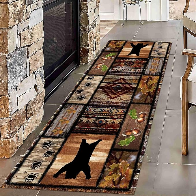 Wild Animal Bear Long Runner Rug, 3.3x7ft, Brown Geometric Stitching Non-Slip Kitchen Mat, Animal Bear and Plant Pine Cone Autumn Leaf Print Entrance Carpet, Southwest Country Style Indoor Decoration