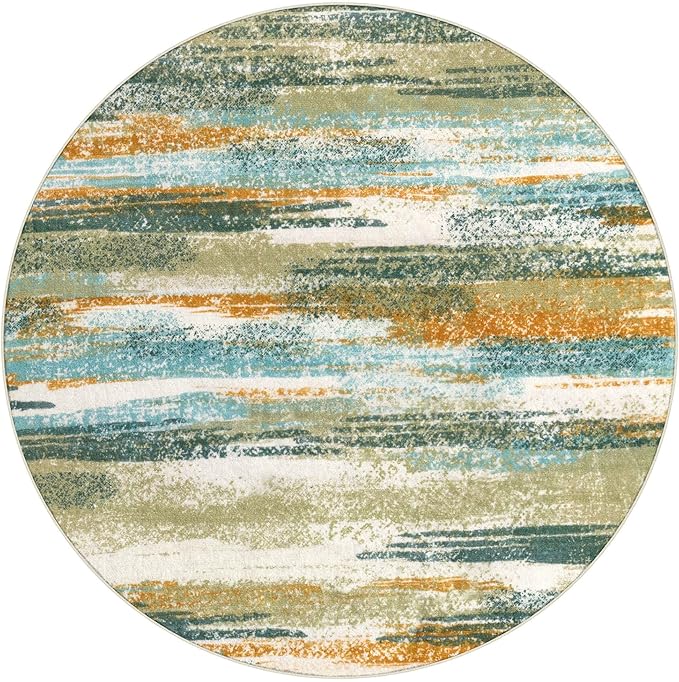 Modern Abstract Round Rug 5Ft, Green Mustard Multi Small Washable Non-Slip Circle Rug, Soft Circular Dining Room Rug Thin Print Faux Wool Carpet for Bedroom Living Room Office Playroom