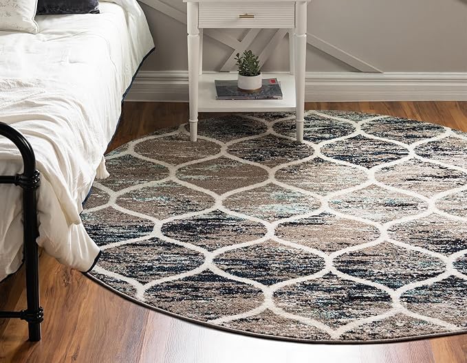 Rugs.com Lattice Frieze Collection Rug – 4' Round Blue Multi Medium Rug Perfect for Kitchens, Dining Rooms