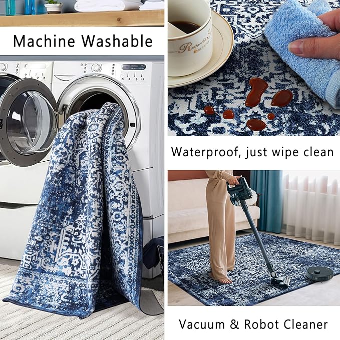 vivorug 3x5 Area Rugs, Stain Resistant Washable Rug for Living Room, Vintage-Inspired (Navy Blue, 3'x5')