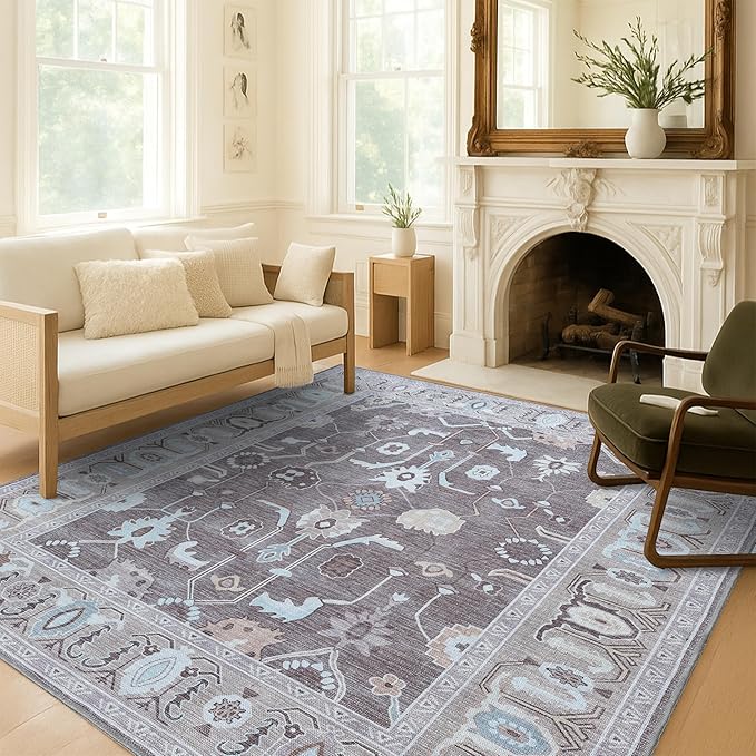 Fame Living Brown Oushak Rug, Modern Rugs, Vintage, Turkish, Eclectic, Floral, Pastel, Washable, Small Throw, Accent Area Rug for Living Room, Bedroom, Kitchen, Bathroom, 2'5"x4'9