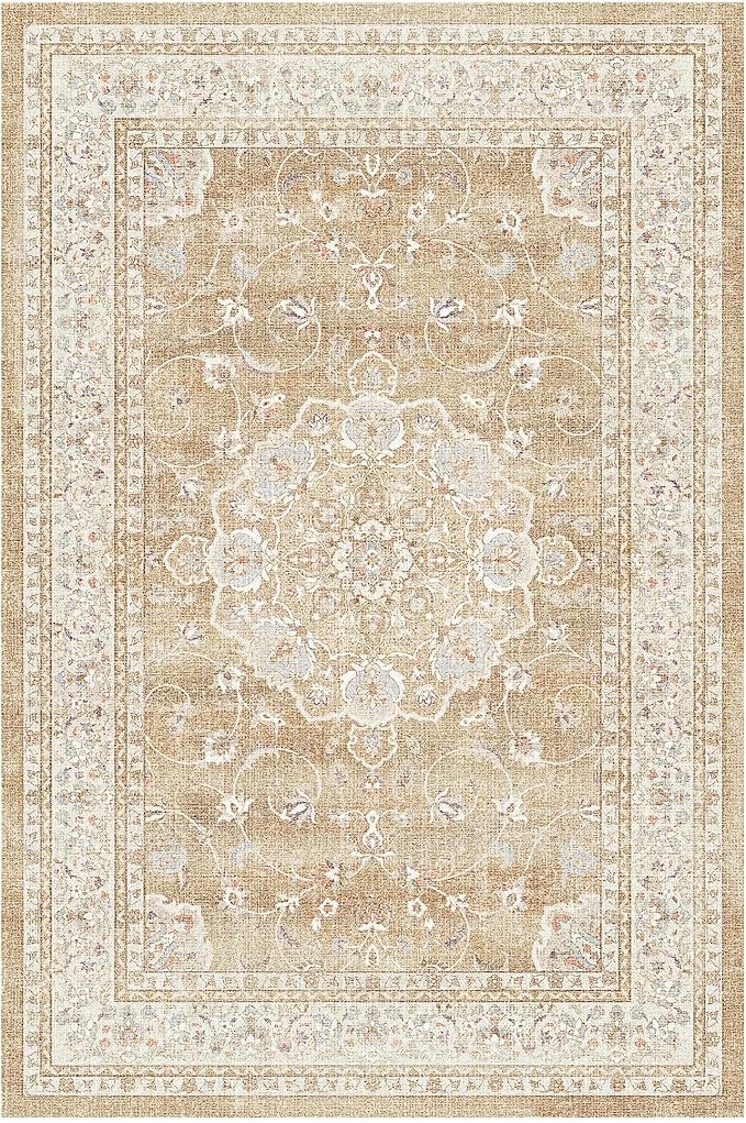 HUGEAR Entryway Machine Washable Area Rugs 2x3 Vintage Beige Brown Small Neutral Style Non Slip Stain Resistant Low Pile Throw Carpet for Hallway Kitchen Retro Aesthetic Modern Decor