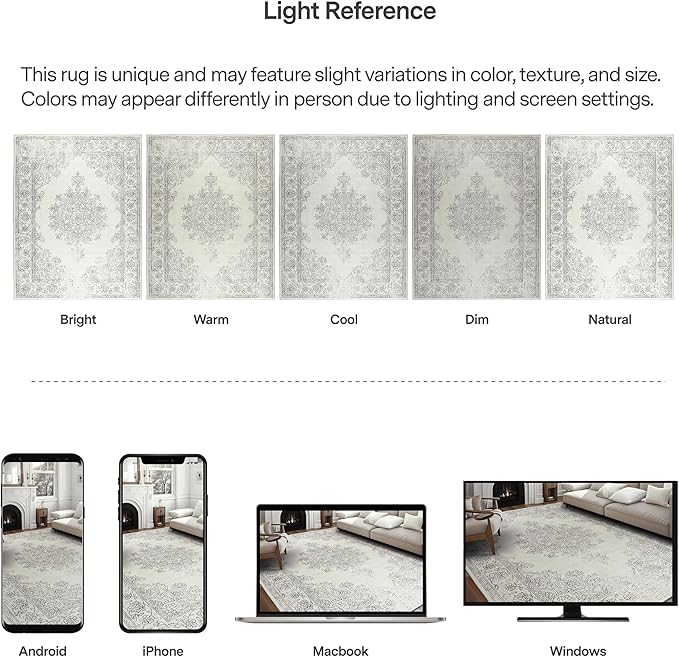 ReaLife Rugs Machine Washable Area Rug Runner - Living Room Bedroom Bathroom Kitchen Entryway Office - Padded Low Pile Stain Resistant Premium - Boho Farmhouse Vintage - Paige - Ivory 3' x 5'