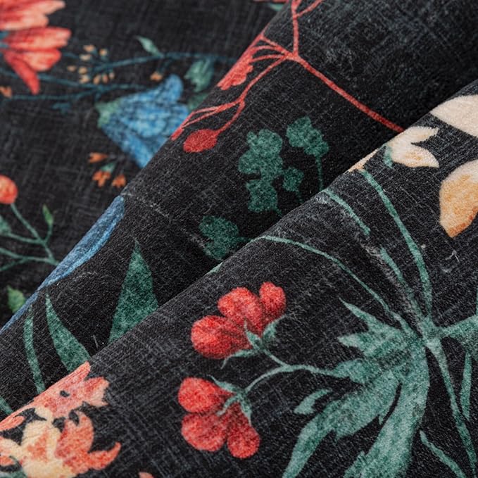 Black Area Rug 2x3 Entryway Floral Boho Door Mat Indoor Washable Kitchen Carpet Non Slip Bedroom Lightweight Low Pile Accent Rug for Bathroom Living Room Office Dining Room