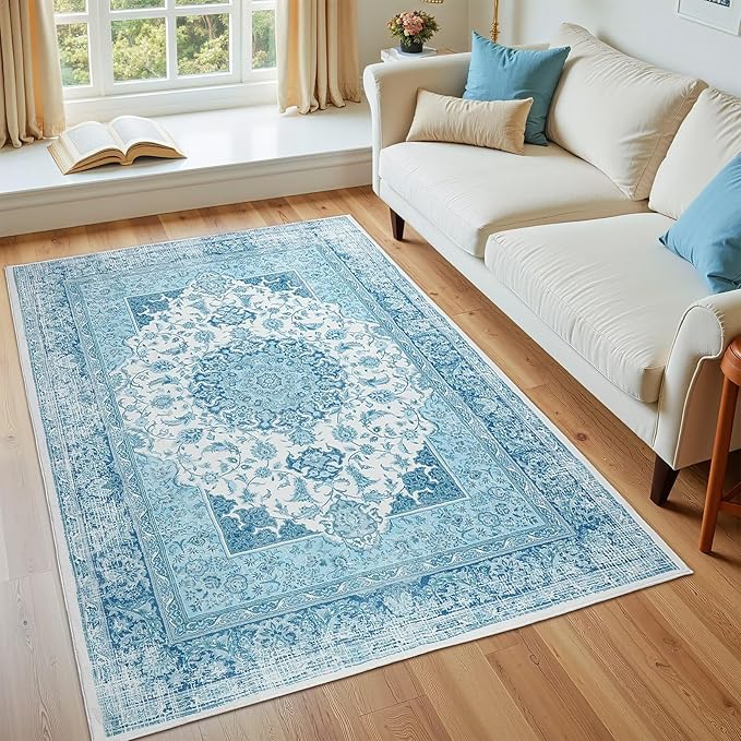 3x5 Area Rug for Bedroom, Machine Washable Rugs with Non-Slip Backing for Living Room, Soft Vintage Carpet Kitchen Laundry Kids Room Decor, Celestial Blue