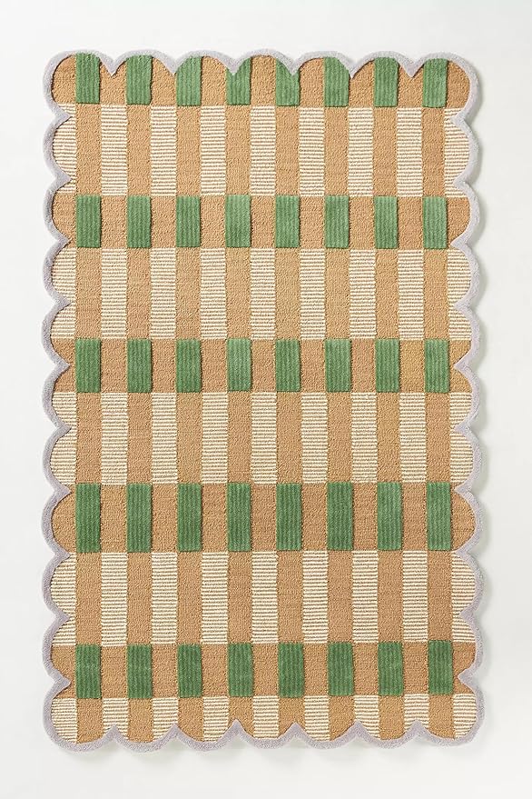 Hand-Tufted Wool Area Rug with Scalloped Edges, Beige and Green Plaid Pattern, Cozy and Soft Accent Rug for Living Room, Bedroom, and Nursery, Handmade Decorative Rug, 5x7 Ft