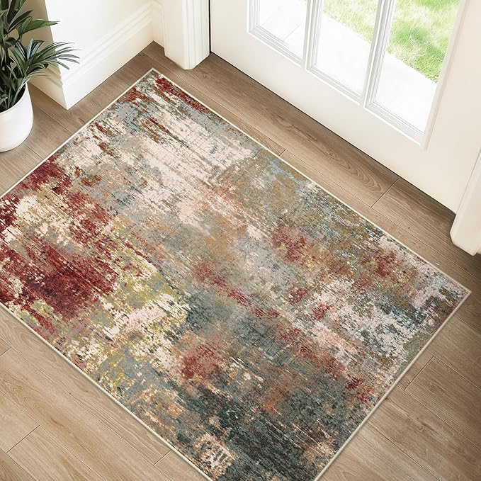 Washable Area Rugs 2'x3' Non-Slip Modern Abstract Soft for Living Room Entryway Bedroom Nursery, Print Pattern, Brown Rust Red Multi