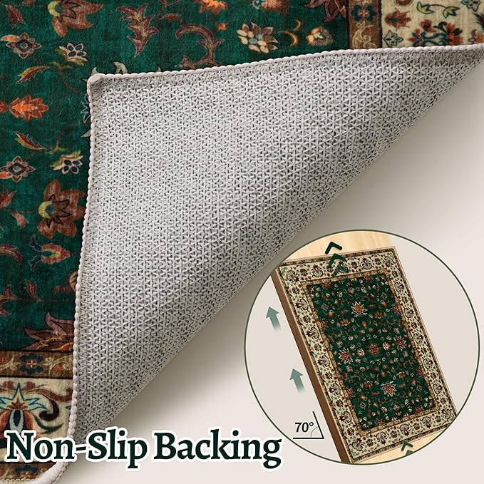 Tangspp Floral Washable Runner Rug, 2x5 Rug Runners for Hallways Non Slip, Vintage Boho Runner Rug for Entryway Indoor, Green Print Carpet Runner, Soft Low Pile Runner for Kitchen Bedroom Green