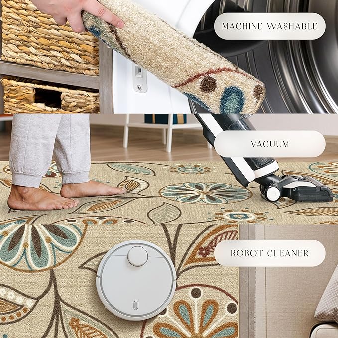 Maples Rugs Reggie Floral Runner Rug - Made in USA - Washable, Non Slip Indoor Carpet for Kitchen, Hallway, and Laundry Room, 2' x 6', Beige