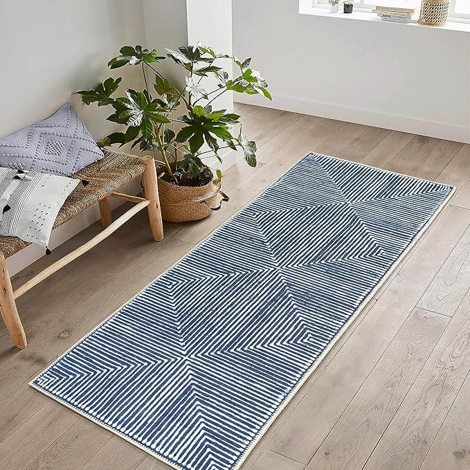 Bloom Rugs Washable Non-Slip 12 ft Runner - Blue Striped Runner for Entryway, Hallway, Bathroom, and Kitchen - Exact Size: 2.5' x 12'