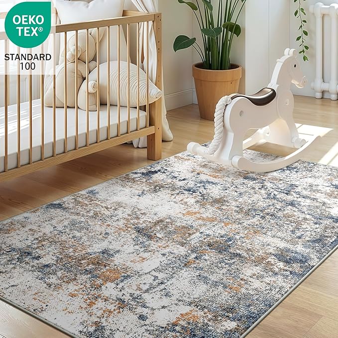 3x5 Machine Washable Area Rug for Entryway, Multicolor Modern Vintage Abstract Rug Non-Slip Low Pile Soft Faux Wool Small Carpet, Kids and Pets Friendly for Bedroom Kitchen Hallway Home Decor Rug