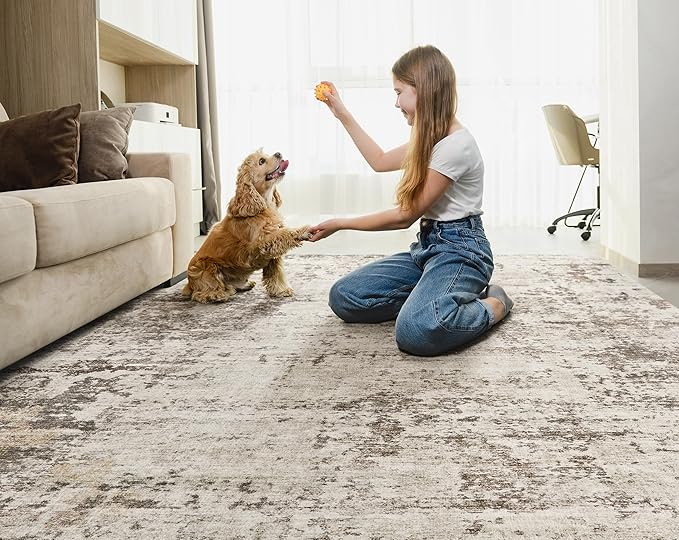 7x9 Area Rug Living Room Rugs - Washable Neutral Modern Abstract Soft Thin Large Rug Indoor Floor No Slip Rug Carpet for Bedroom Under Dining Table Home Office Decor - Dark Brown