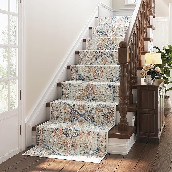 jinchan Kelda Runner Rug 3x8 Vintage Hallway Rug Washable Runner Retro Floor Cover Lightweight Non-Slip Low Pile Thin Distressed Carpet for Entryway Bathroom Laundry Room Bedroom Stairway Orange