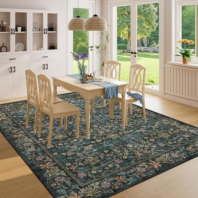 DUKINO 6x9 Rugs for Living Room, Vintage Washable Rug with Non Slip Backing, Floral Low Pile & Non-Shedding Large Area Carpets for Bedroom, Dining Room, Farmhouse, Home Office, Blue