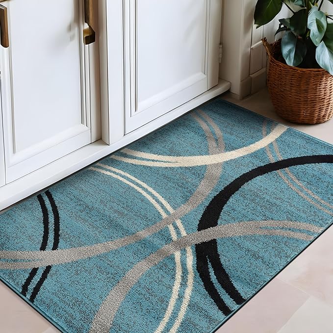 Rugshop Modern Wavy Circles Design Accent Rug, Fade-Resistant Carpet for Entryway, Bathroom, or Kitchen, Blue, 2'7" x 4'