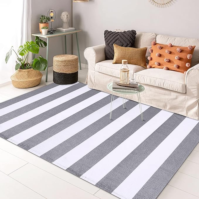 KOZYFLY Striped Outdoor Rug 3x5 Ft Front Door Rug Gray and White Hand Woven Cotton Washable Outdoor Doormats Outdoor Entrance Mat for Front Door Kitchen Entryway Patio Front Porch Decor