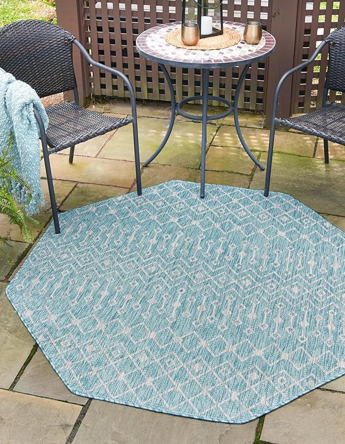 Unique Loom Outdoor Trellis Collection Area Rug - Tribal Trellis (7' 10" Octagon, Aqua/ Ivory)