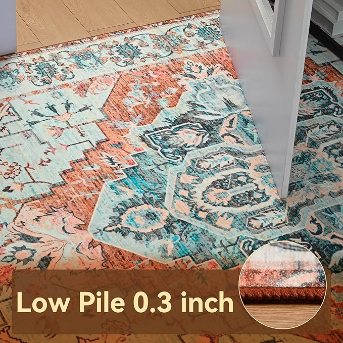 YJ.GWL Area Rugs for Living Room 9x12 Machine Washable Rugs, Non Slip Floral Vintage Rug Indoor Carpet, Stain Resistant Large Rug for Bedroom Dining Room, Copper Tan
