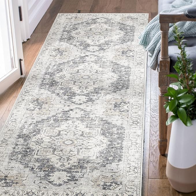 jinchan Kelda Runner Rug 2x5 Hallway Rug Kitchen Washable Runner Vintage Mat Retro Print Lightweight Non-Slip Accent Floor Cover Distressed Thin Carpet for Entryway Bathroom Bedroom Laundry Room Grey