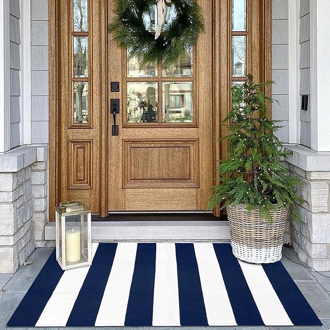 KOZYFLY Striped Outdoor Rug 27.5x43 Inches Front Door Rug Navy and White Woven Cotton Washable Outdoor Doormats Outdoor Entrance Mat for Front Door Entryway Patio Front Porch