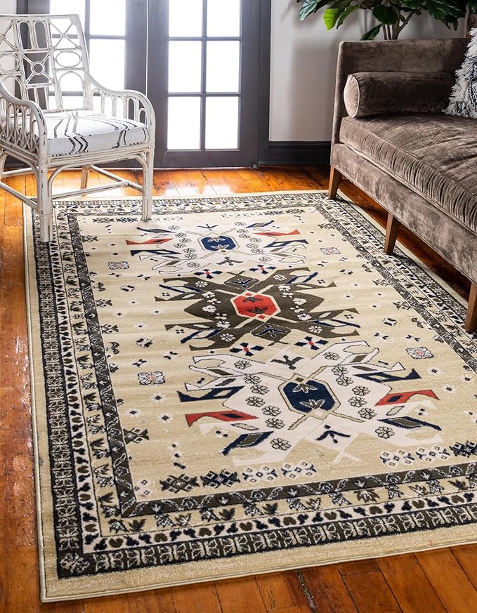 Unique Loom Taftan Collection Border Geometric Tribal Inspired Design Area Rug (9' 0 x 12' 0 Rectangular, Gold/ Gray)