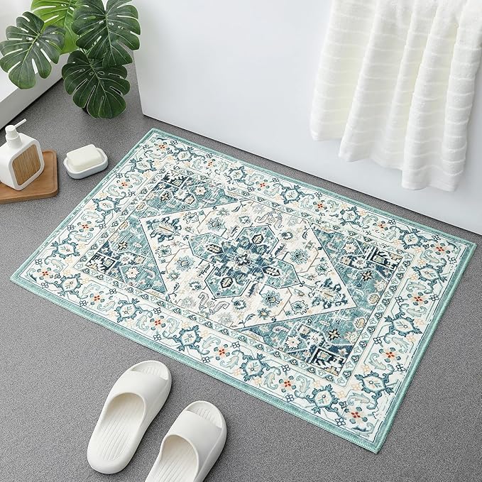 VK VK·LIVING Entryway Washable Rug 2'x3' Small Boho Bathroom Throw Area Rug Non Slip Doormat Indoor Front Door Machine Washable Carpet for Bathroom Kitchen Vintage (Green Beige)