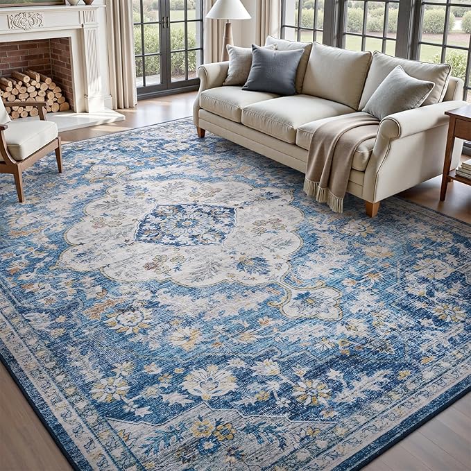tchdio 5x7 Area Rugs for Living Room, Vintage Non Slip Washable Rug, Soft Low Pile Area Rug Large Floor Indoor Carpet for Bedroom, Dining Room, Office (Blue, 5'x7')