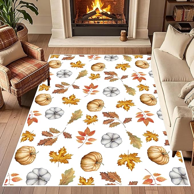 Pumpkin Area Rug, 5x6ft, Fun Vibrant Autumn Harvest Fallen Leaves Pumpkin Plant White Fall Porch Rug, Sturdy Non Slip Easy-Washing Fall Decorations for Home Bedroom