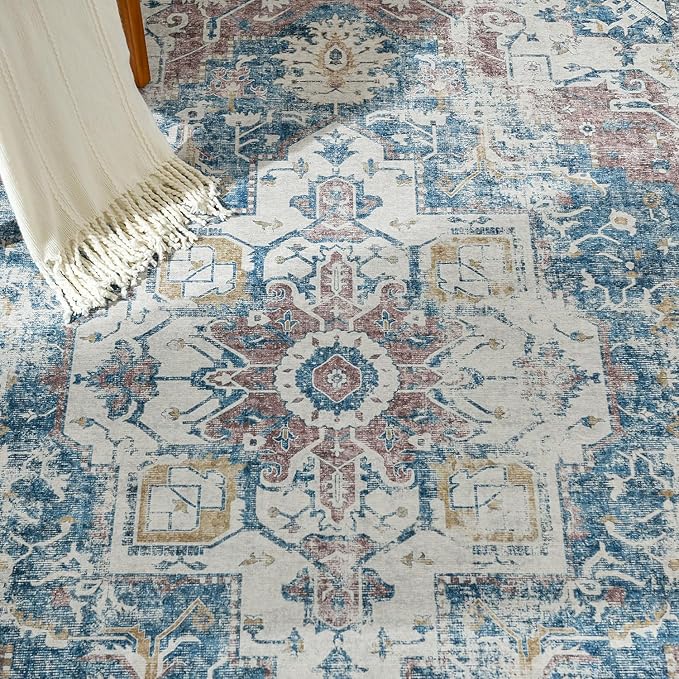 jinchan Kelda Runner Rug 3x10 Vintage Hallway Rug Washable Runner Retro Floor Cover Lightweight Non-Slip Low Pile Thin Distressed Carpet for Entryway Bathroom Laundry Room Bedroom Stairway Navy Blue