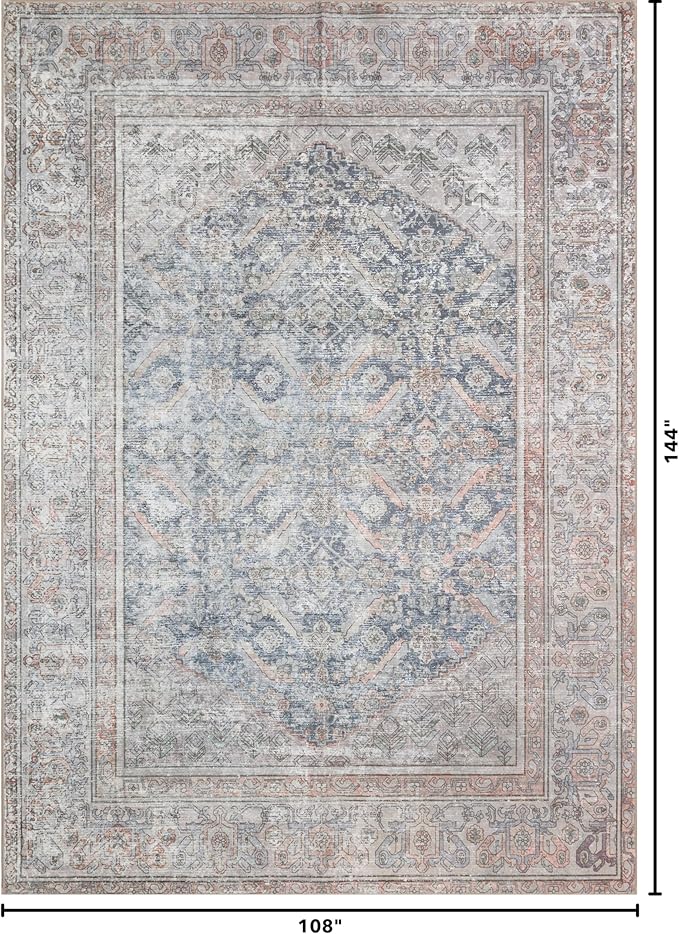 Kuden 9x12 Large Area Rug, Machine Washable Area Rug with Non-Slip Backing, Vintage Style, Soft, Easy Clean, Low Pile Rug for Living Room, Bedroom, Dining Room