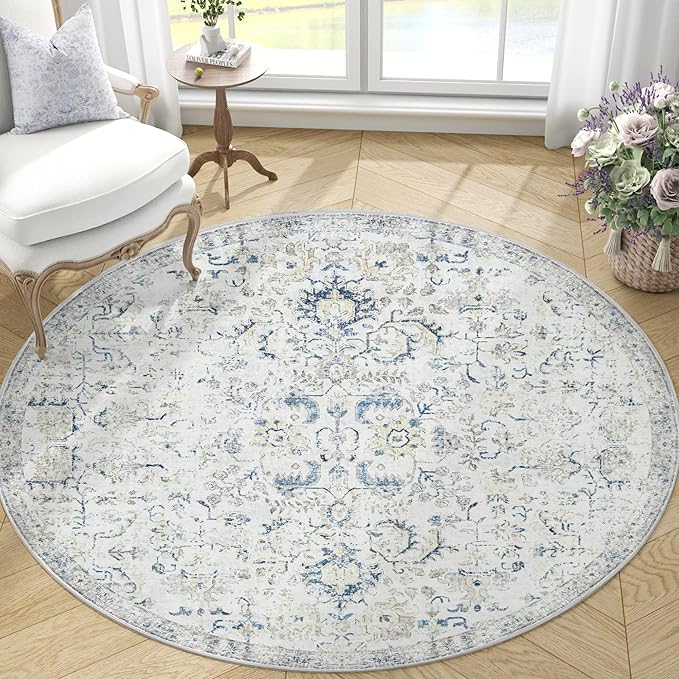 jinchan Kalen Round Rug 5ft Area Rug Entryway Washable Vintage Indoor Retro Floor Cover Distressed Floral 5' Round Circle Boho Non Slip Thin Carpet for Kitchen Bedroom Living Room Dining Room Blue