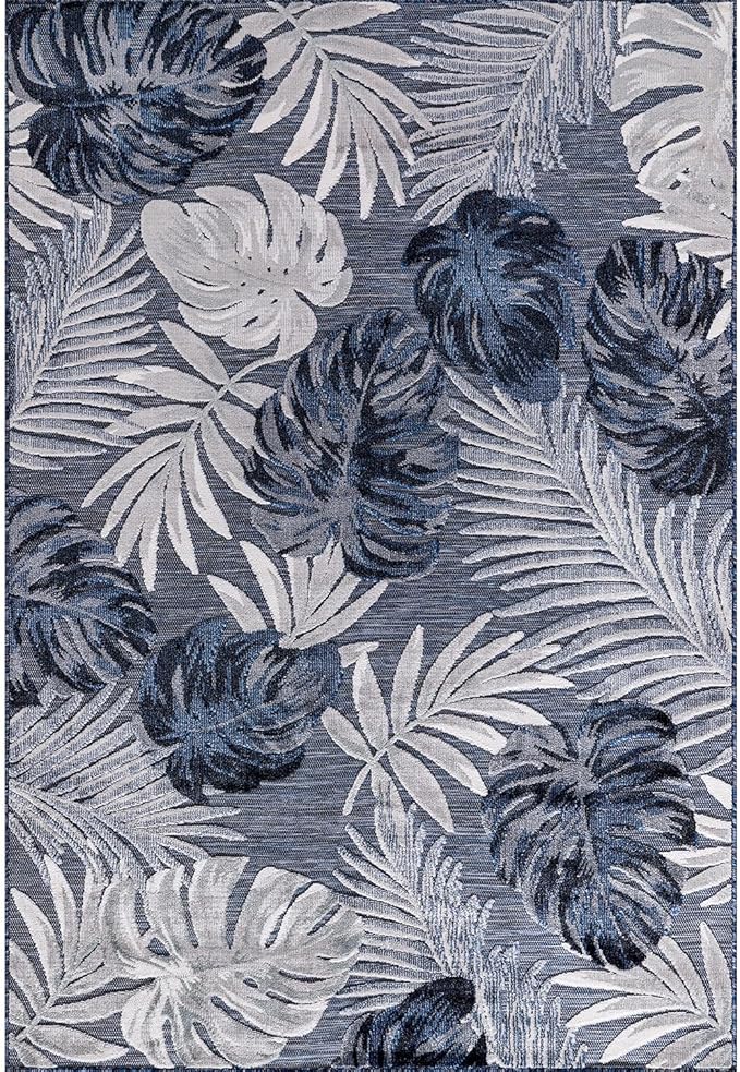 CAMILSON Indoor Outdoor Rug, Navy 10’x14’ Leaf Tropical Botanical Area Rugs for Indoor and Outdoor patios, Easy-Cleaning Non-Shedding Living Room, Garden and Kitchen Washable Outside Carpet (10x14)