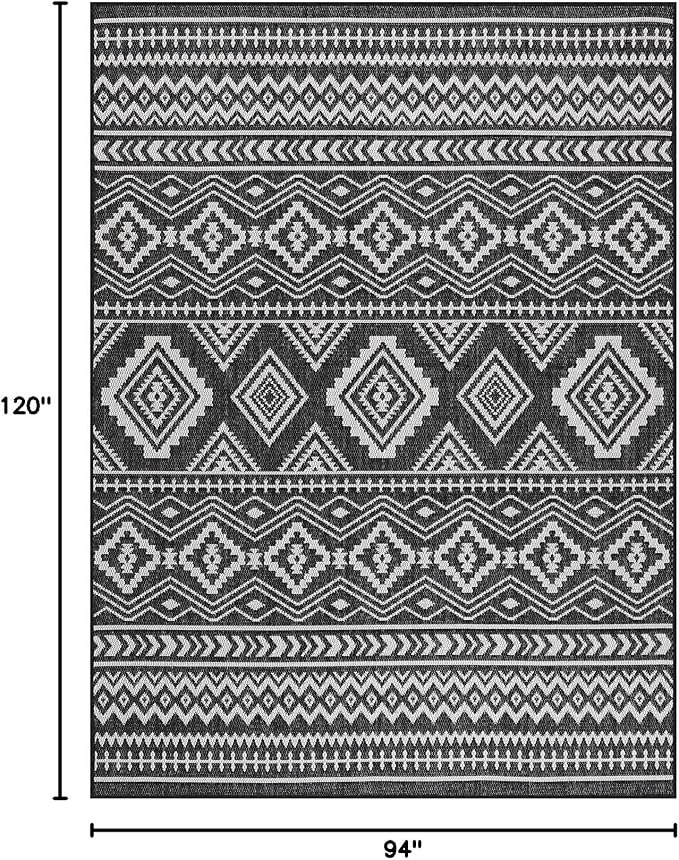 Beverly Rug Waikiki Boho Indoor Outdoor Rug 8x10, Washable Outside Carpet for Patio, Deck, Porch, Bohemian Area Rug, Farmhouse Rugs, Aztec Tribal Rug, Black and White