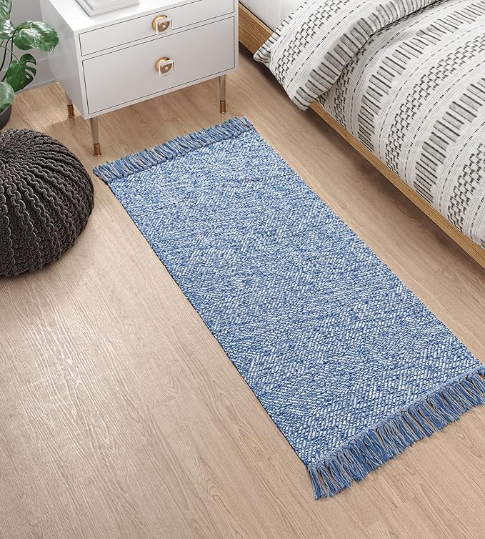 Collive Kitchen Runner Rug, 2' x 4.3' Hand-Woven Reversible Washable Rug, Navy Blue Cotton Modern Farmhouse Bathroom Rug Hallway Carpet for Foyer Bedroom Entry Back Door Decor