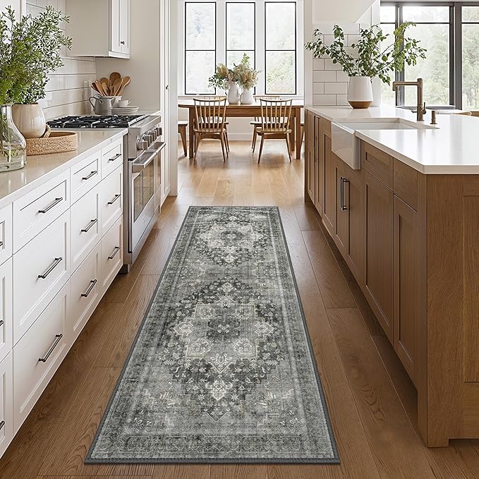 GENIMO 2'6"x8 Runner Rugs for Hallway, Machine Washable Non Slip Vintage Rugs, Low Pile Lightweight Soft Print Rug for enrtyway, Corridor, Home Office, Kitchen, Charcoal Gray